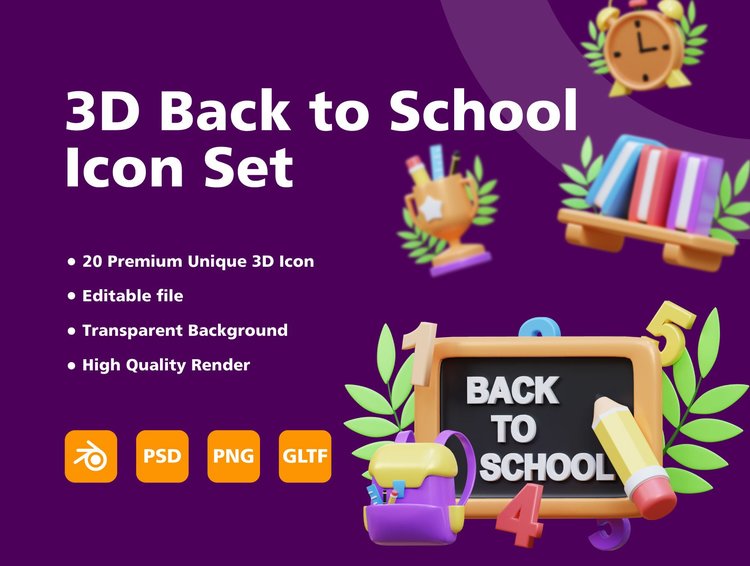 3D Back to School Item icon set