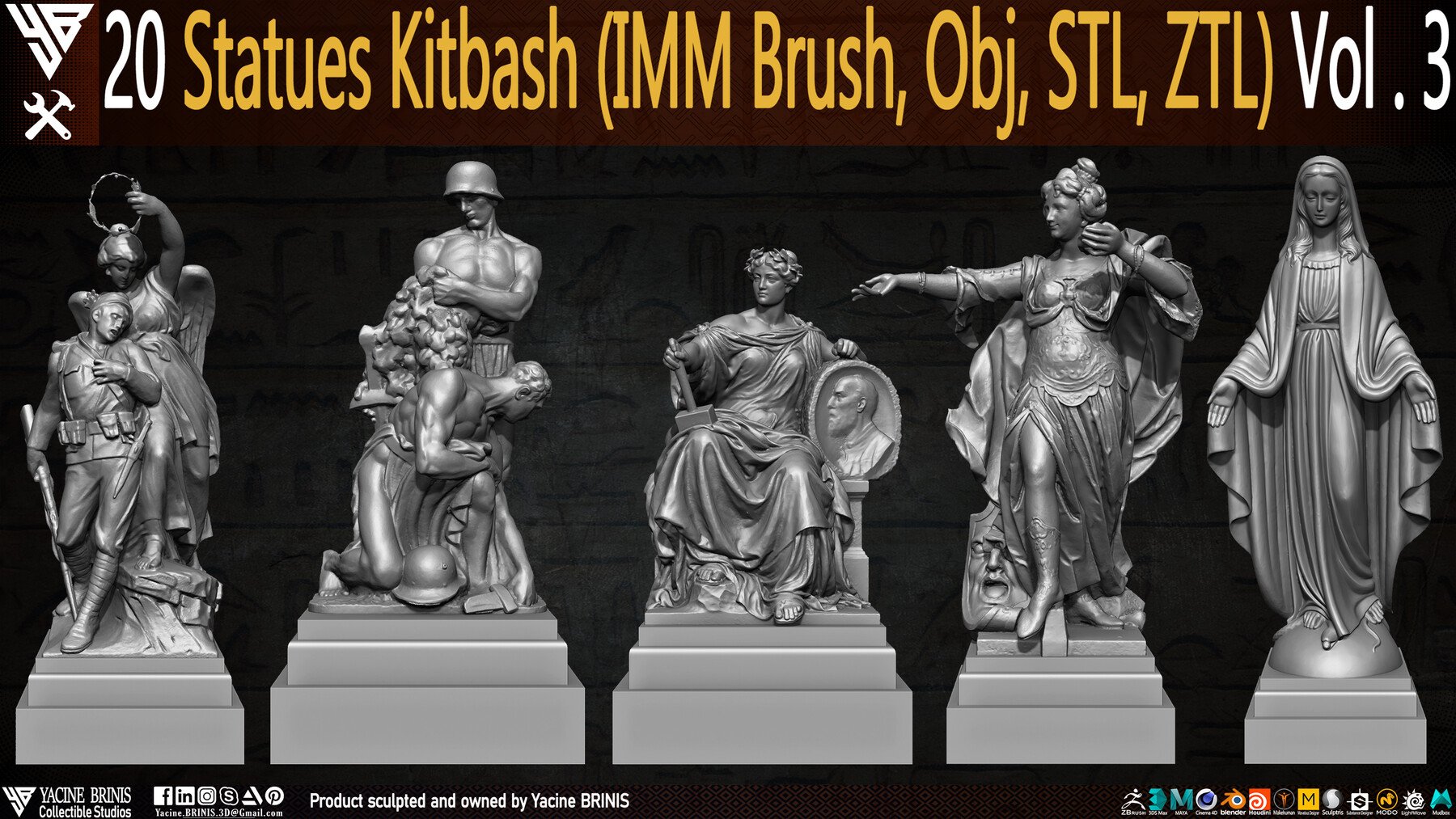 20 Statues Kitbash (IMM Brushes, Obj, STL, ZTL) Vol 03