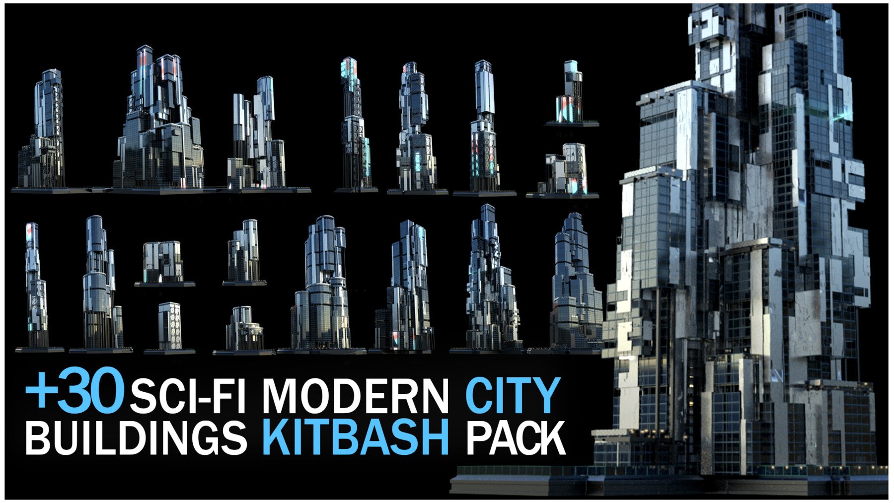 +30 Sci-Fi Modern City Buildings Kitbash Pack