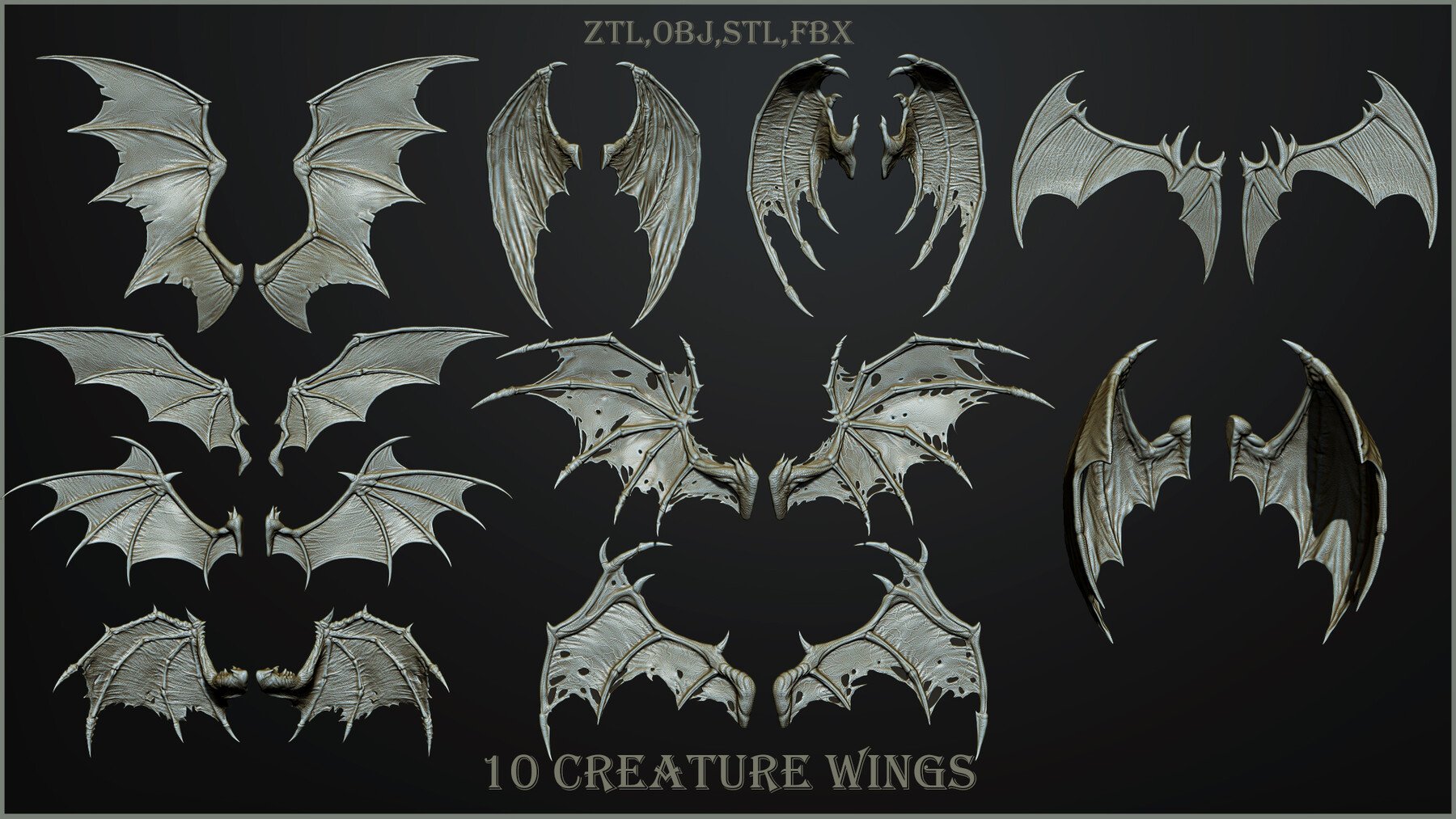 10 Creature wings 3d models OBJ+STL+ZTL+FBX