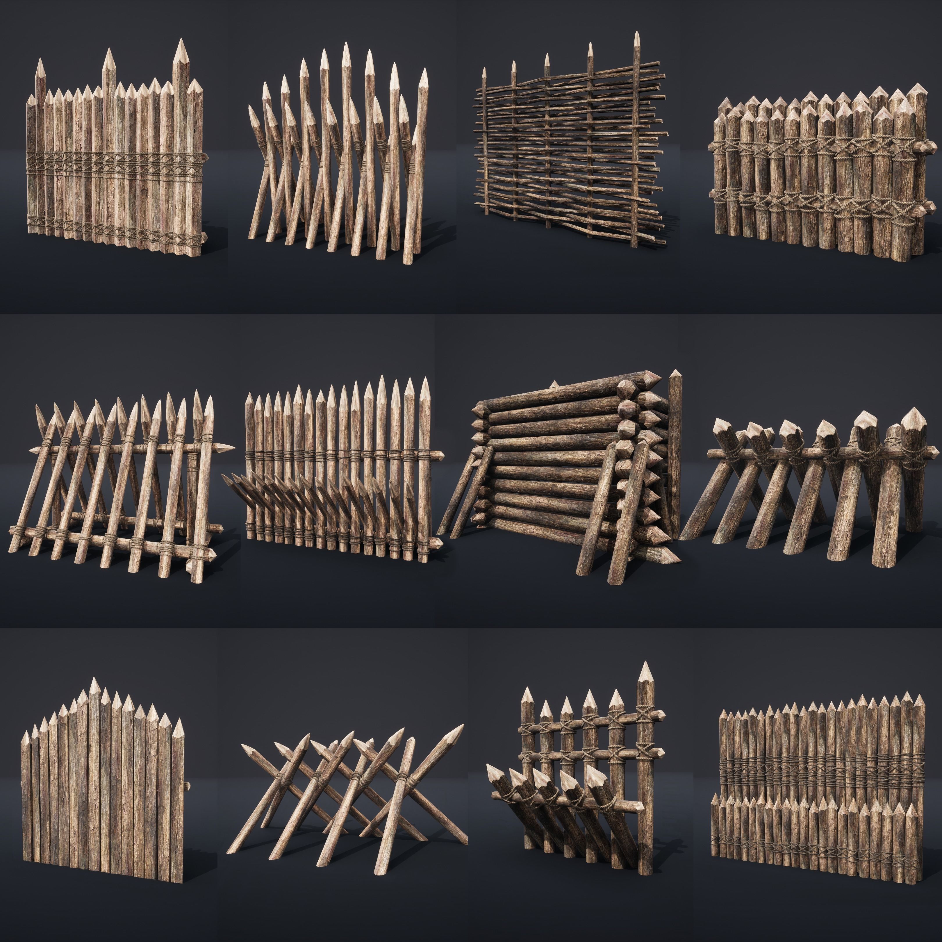 PALISADE BARRIER BARRICADE FENCE WALL VILLAGE FORT COLLECTION Low-poly 3D model