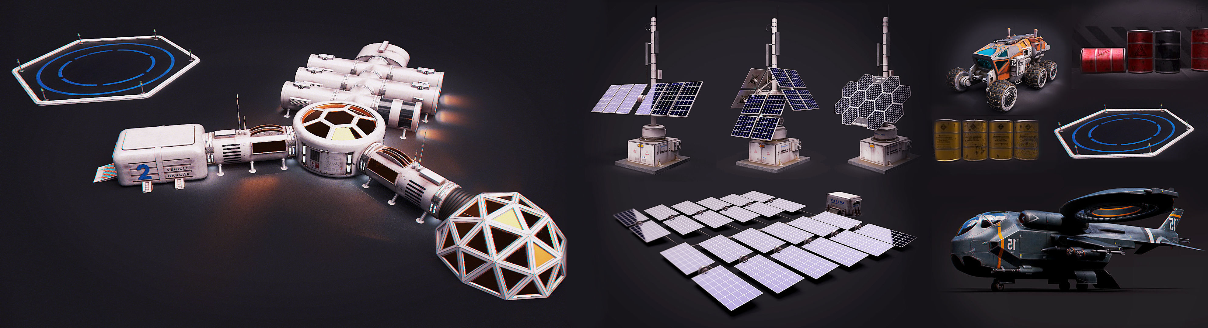 Space Craft Solar Panels Mars Colony Spaceship Collection Pack Low-poly 3D model