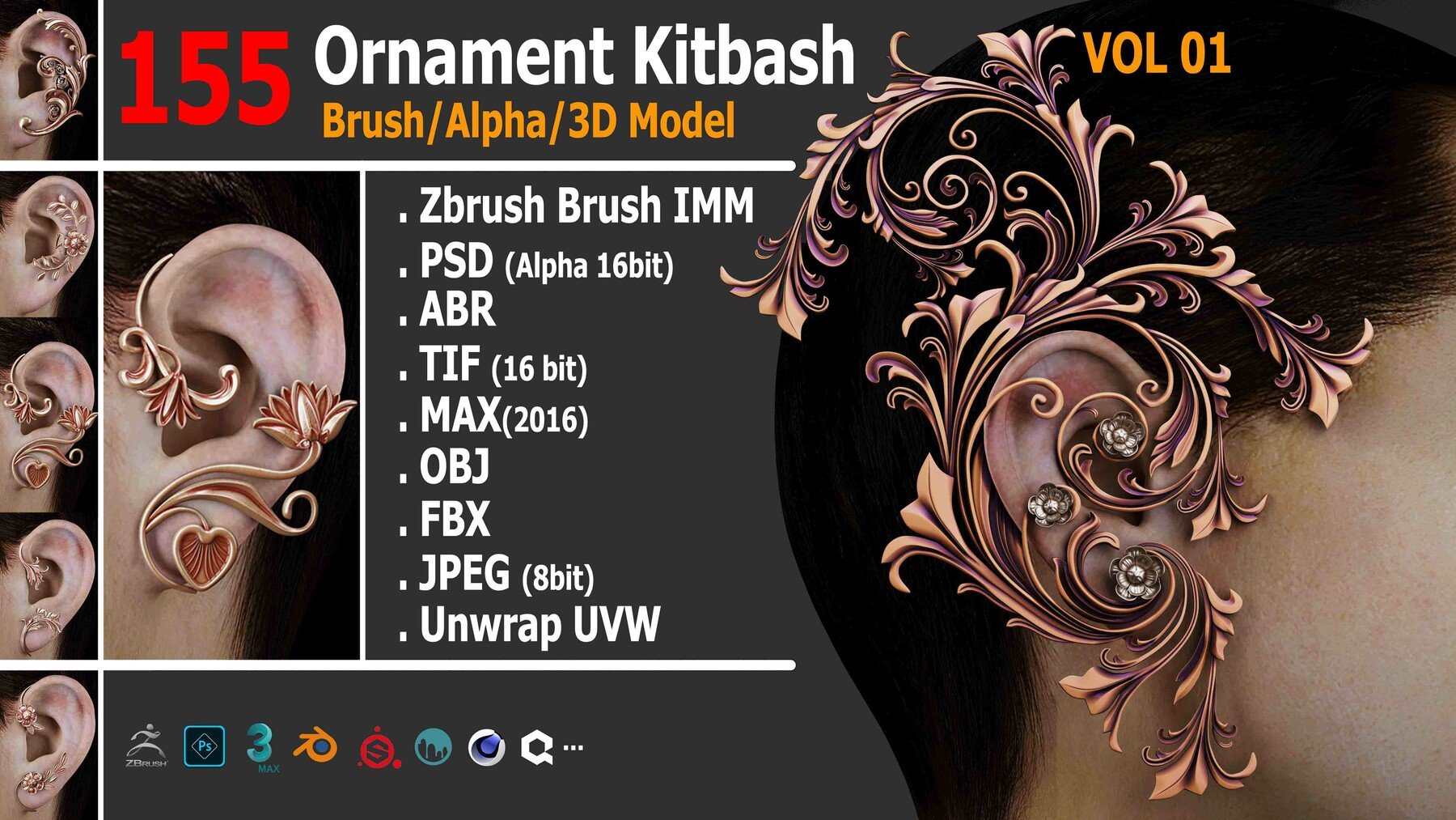 155 Ornament Kitbash 3D Model/IMM Brush/Alpha/ABR - VOL01