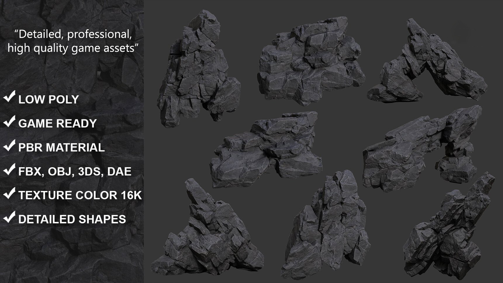 Low Poly Black Rock Formation 221219 - Ultra HD 16K Texture 