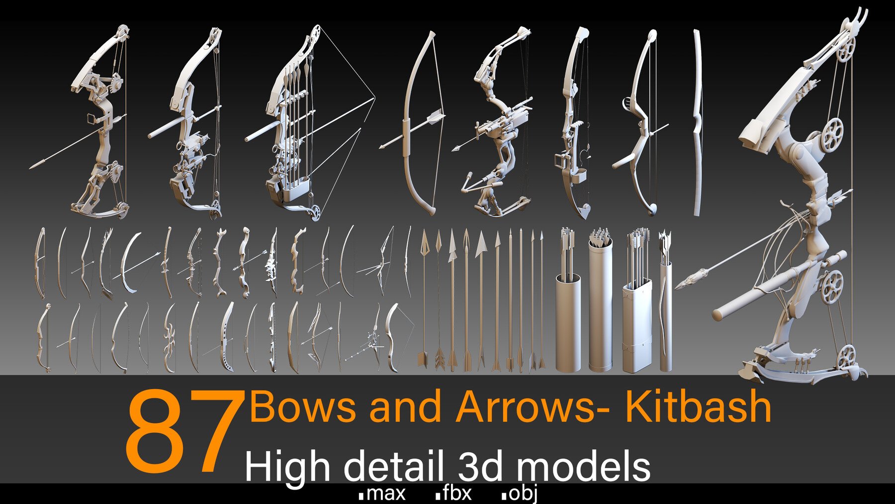 87 Bows and Arrows- Kitbash- High detail 3d models