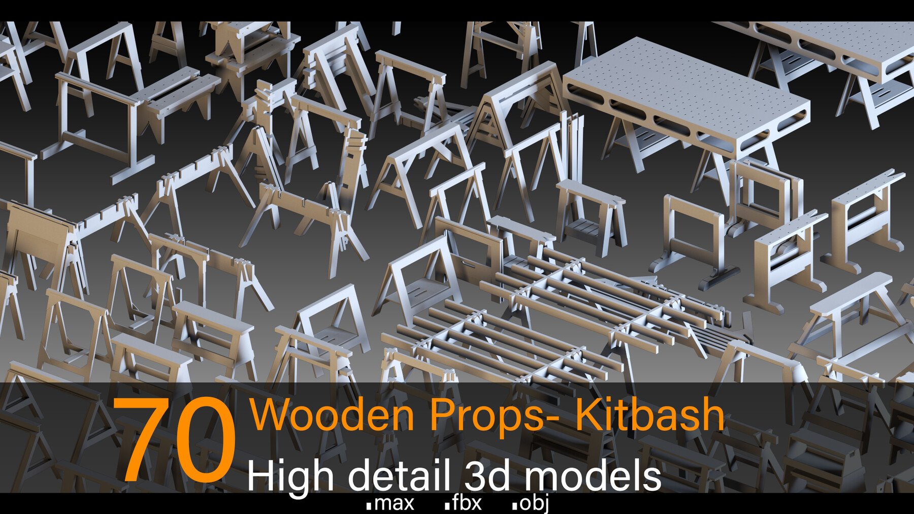 70 Wooden Props- Kitbash- High detail 3d models