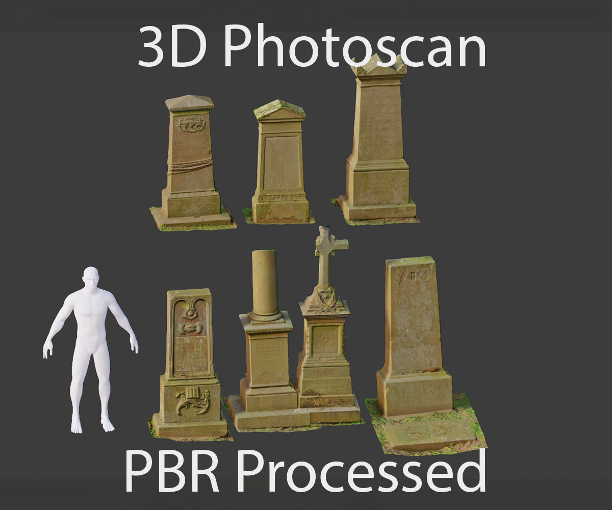 PBR 8x Gravestones Old Scanned Processed Set BIG Low-poly 3D model