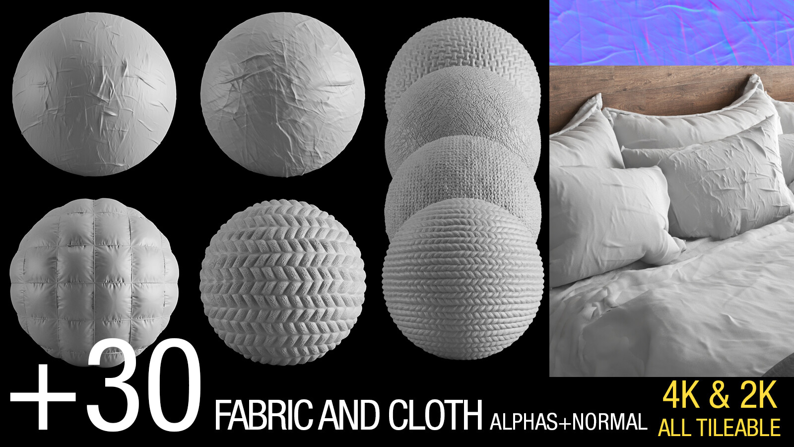 +30 fabric and wrinckle ALPHAS+NORMAL v2 (4K&2K ,All tileable)
