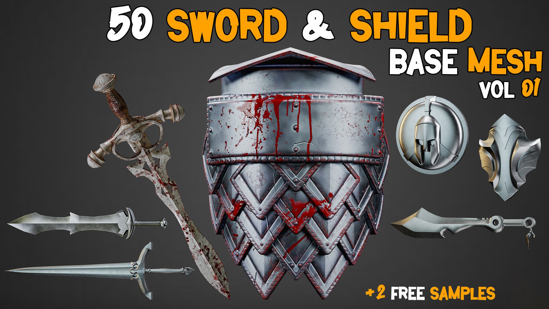 50 Sword & Shield BaseMesh - VOL 01 ( Game Ready ) 