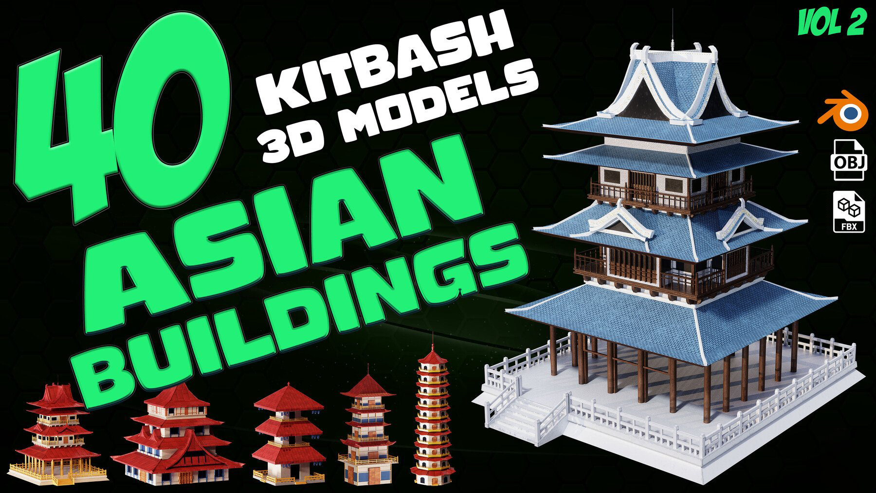 40 Asian Buildings and Props - 3D Kitbash Models - Graveyard Builder 2 - MEGA Pack 