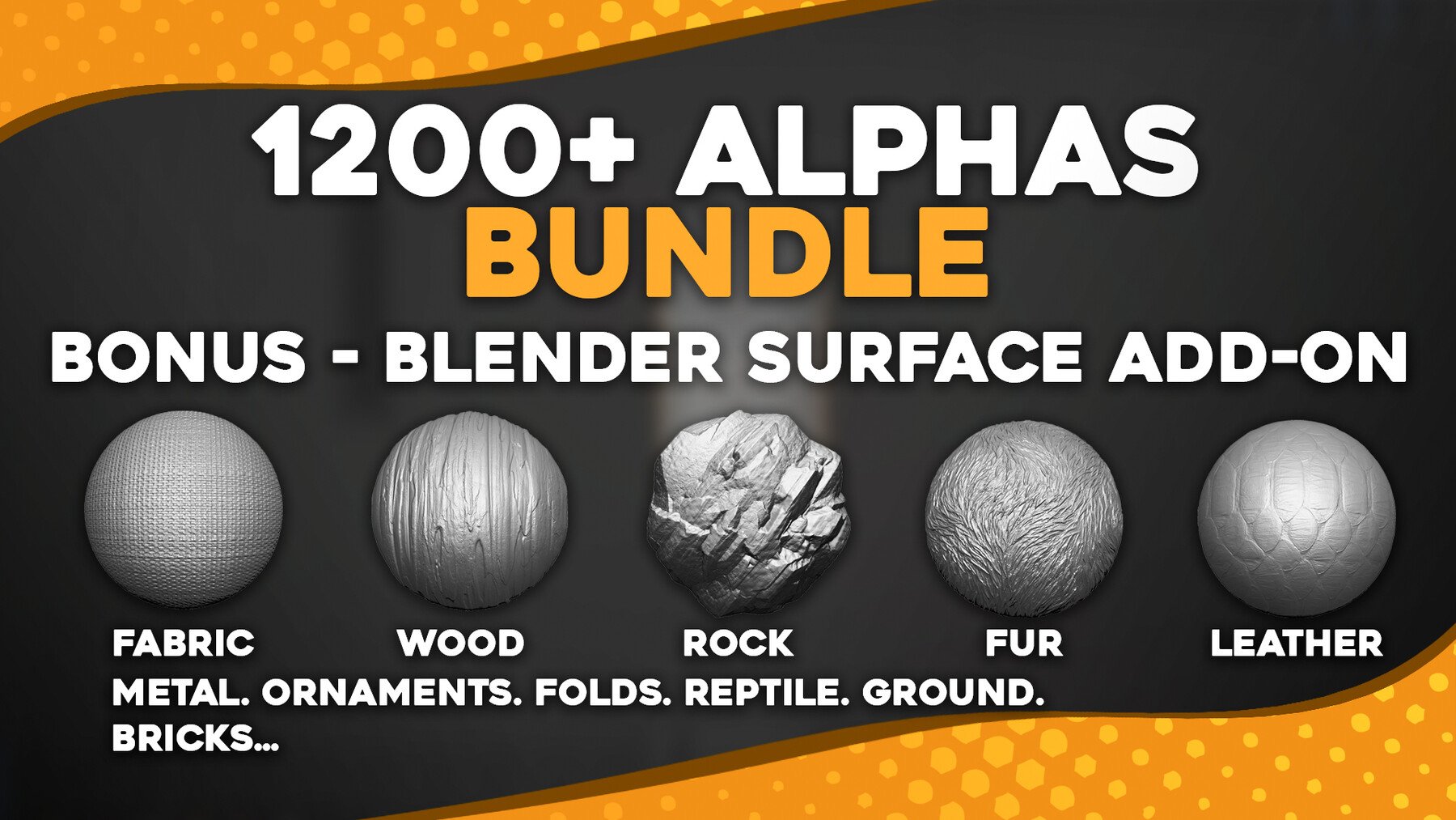 1200+ Alphas Bundle for ZBrush, Blender. Surface Add-on for Blender