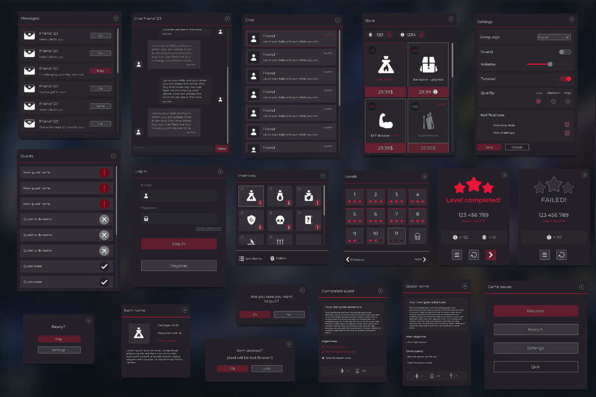 Flat Dark Themed GUI / UI Kit - over 600 PNG !