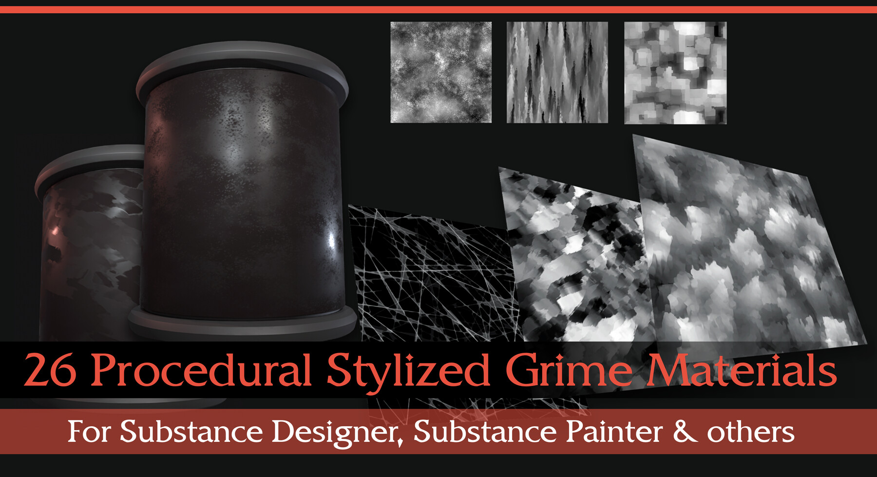 26 Stylized Grunge Materials (Substance Designer, Substance Painter, Including exported 2k images)