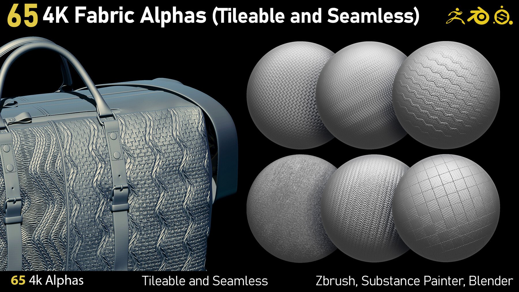 65 4K Fabric Alphas(Tileable) PNG-Zbrush-Substance Painter-Blender-Photoshop