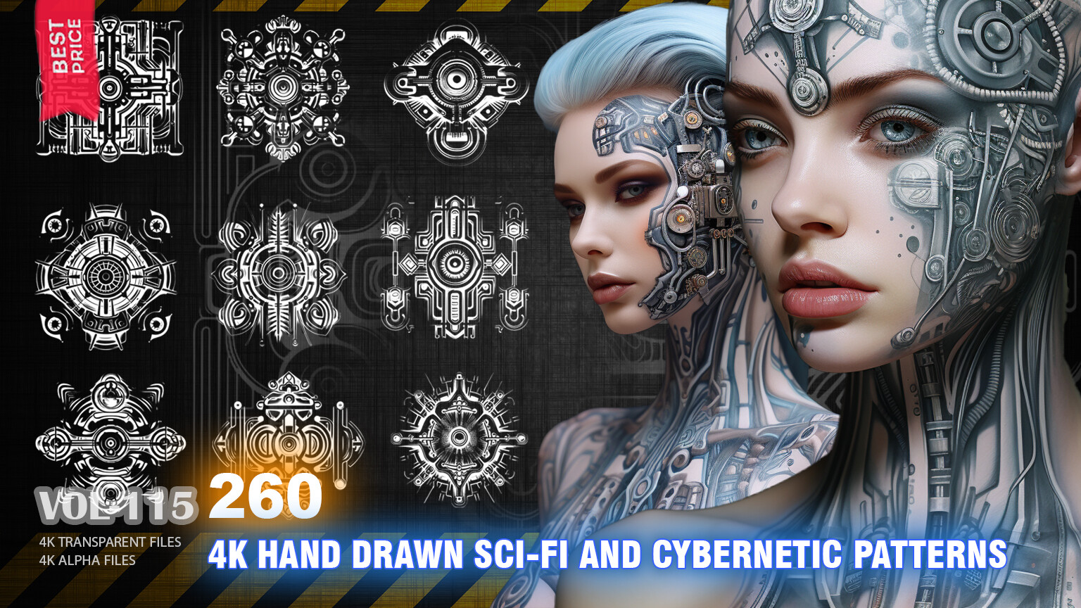 260 4K HAND DRAWN SCI-FI AND CYBERNETIC PATTERNS - HIGH END QUALITY RES - (ALPHA & TRANSPARENT) - VOL115