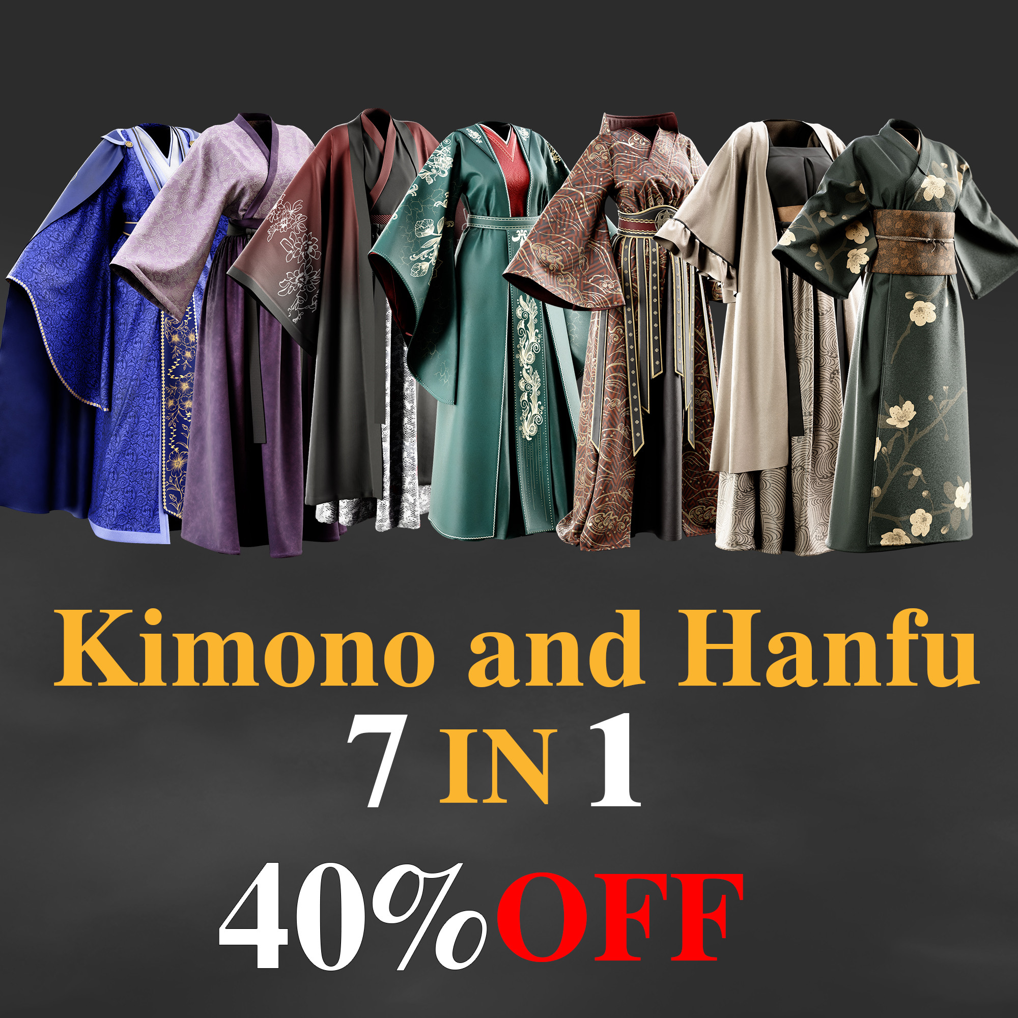 7 Kimono and Hanfu dress /Marvelous Designer / 4k Textures/Smart material