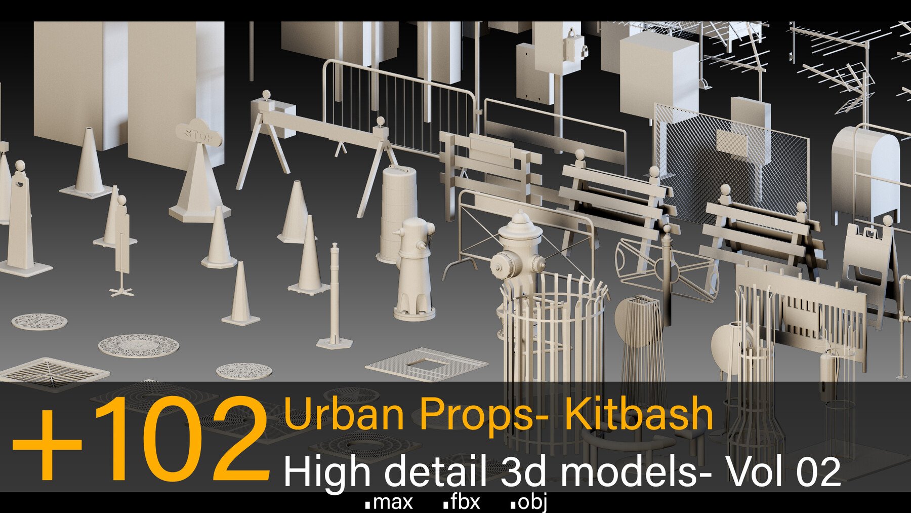+102 Urban Props- Vol 02- Kitbash- High detail 3d models