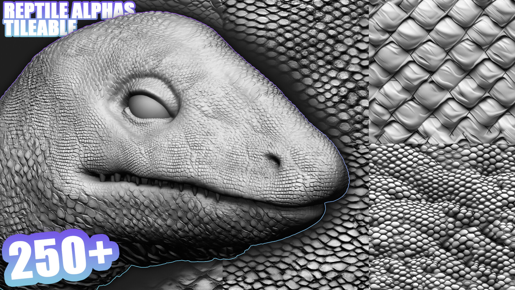 250+ Tileable Reptile, Dragon, Snake Skin Alphas for ZBrush (Displacement map) vol.4 