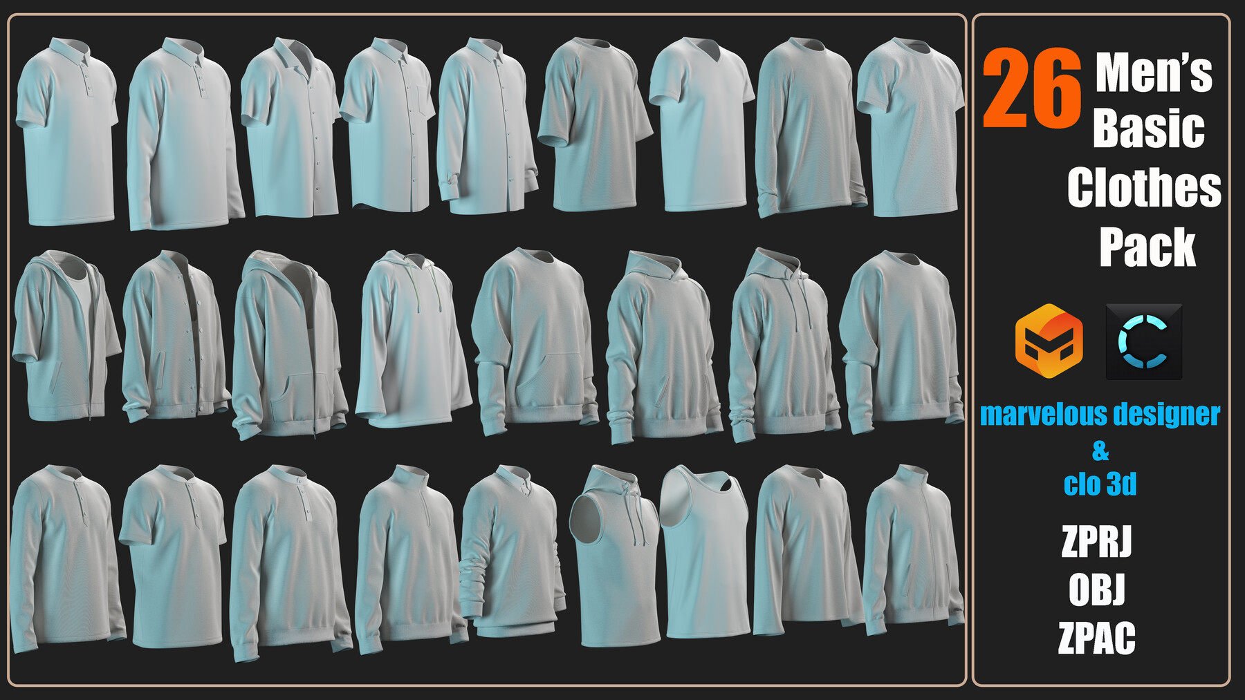 26 Men's Basic Clothes Pack - Vol1 - Marvelous/Clo3D Project File