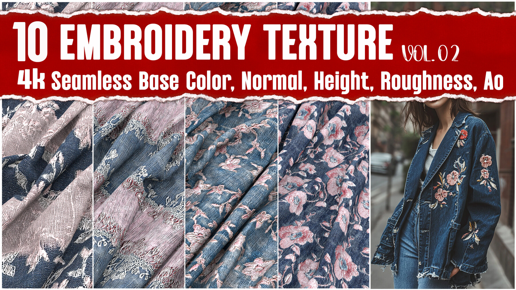 Embroidery Fabric VOL.02|4K Seamless PNG PBR Textures