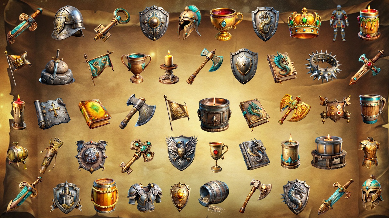 240 Medieval Item Icons 2D Game Assets