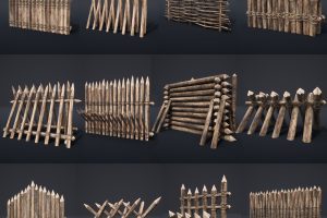 Artstation-PALISADE BARRIER BARRICADE FENCE WALL VILLAGE FORT COLLECTION Low-poly 3D model C5349